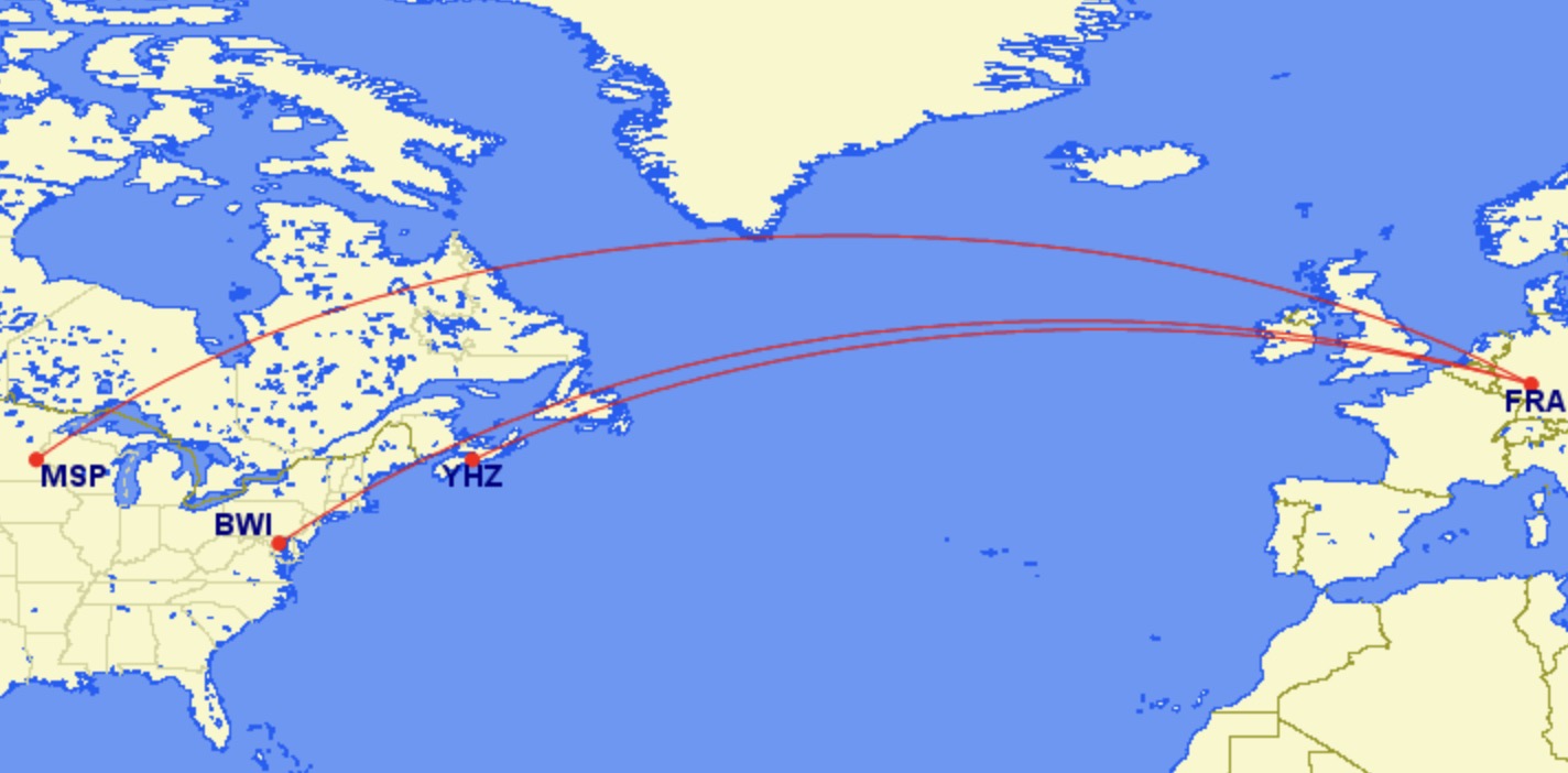 Nonstop flights to Frankfurt cut by Condor Airlines on a map of the world. 